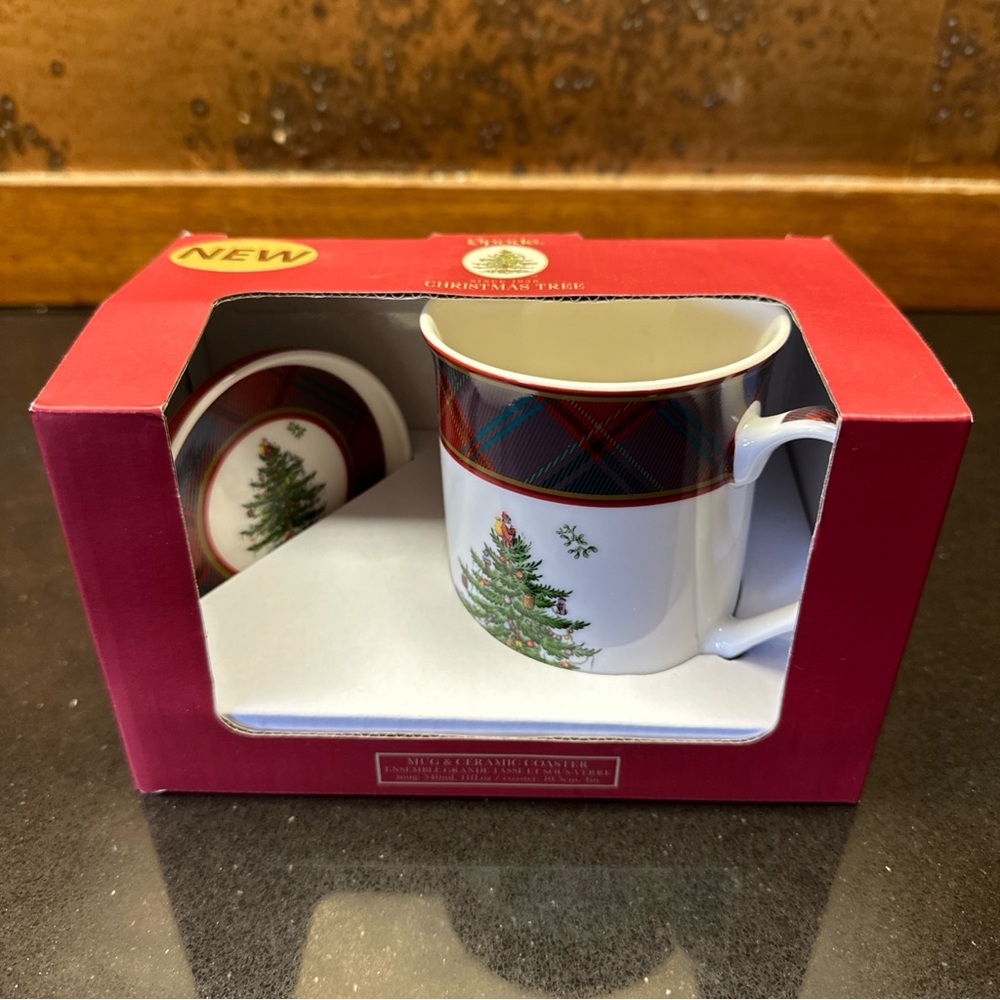 Spode Christmas Tree mug And Coaster  set Plaid Trim With Christmas Tree NIB